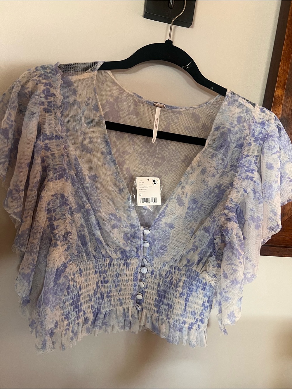 Free People Lavender Floral Sheer Smocked V-Neck Blouse